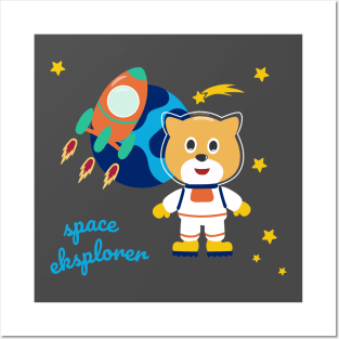 Space cat or astronaut in a space suit with cartoon style Posters and Art